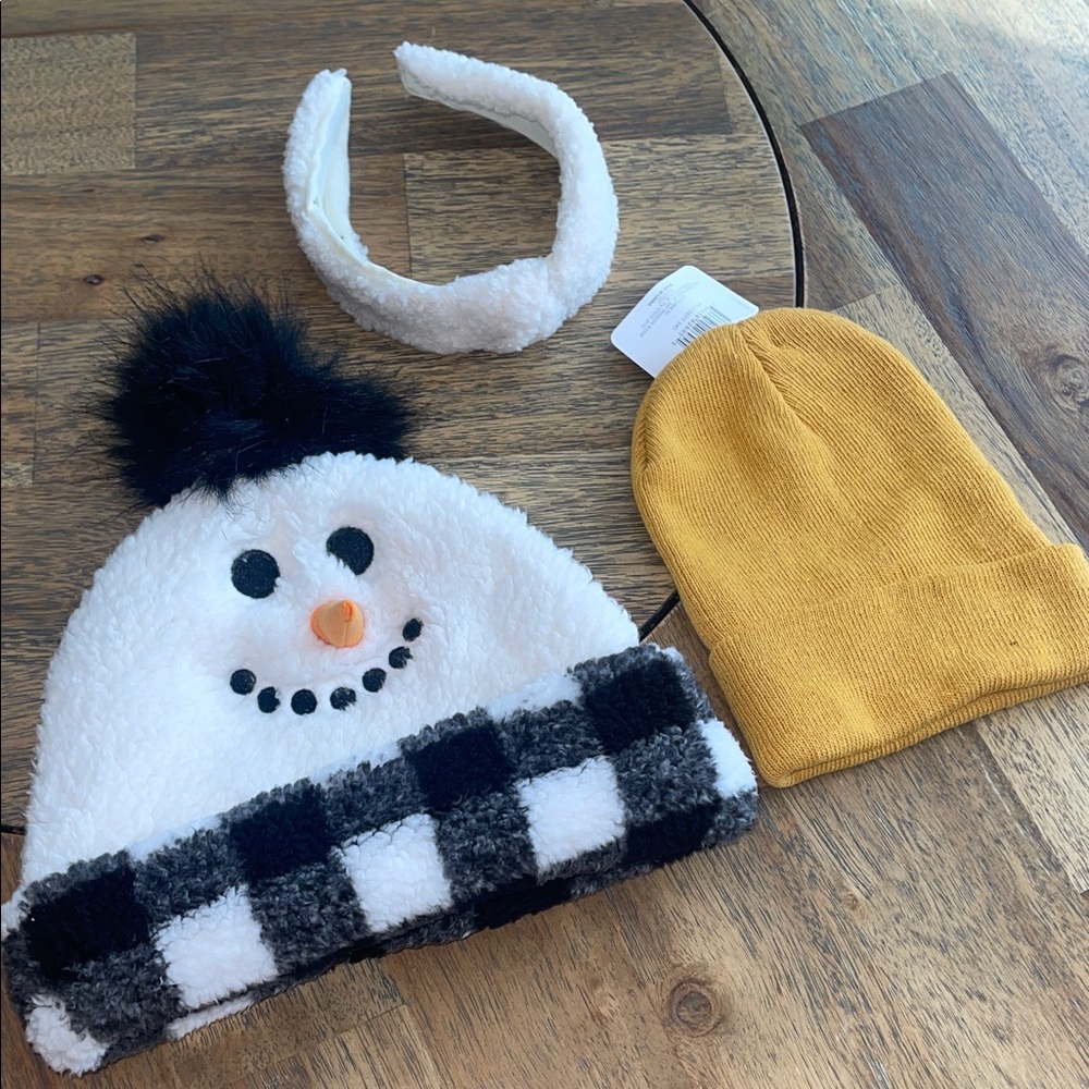 Snowman Beanie Mustard Knit Hat and White Headband Winter Accessory Bundle